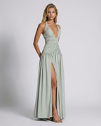 Women's maxi dress with halter neck and ruched corset