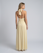 Women's maxi dress with halter neck and ruched corset