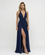 Women's maxi dress with halter neck and ruched corset