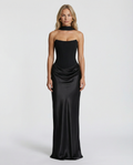 Women's maxi dress with strapless corset and draped skirt