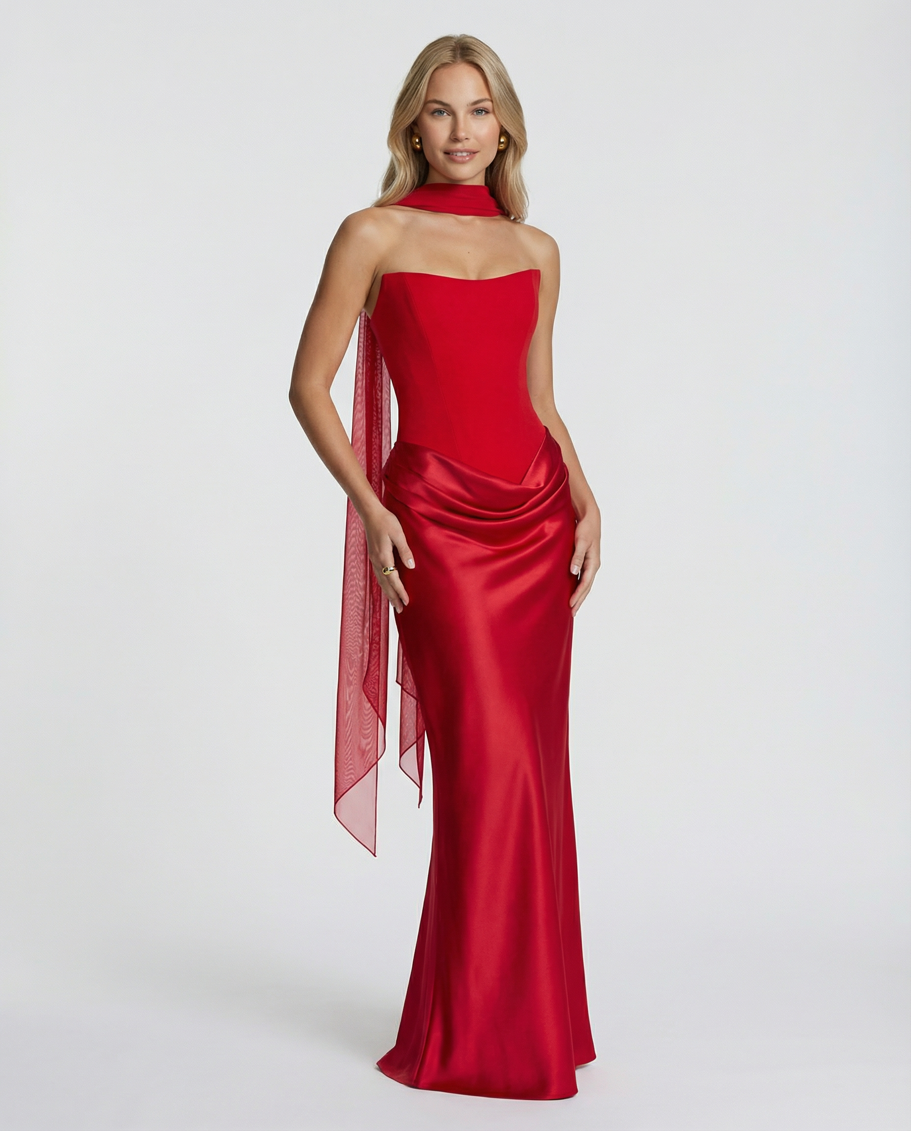 Women's maxi dress with strapless corset and draped skirt