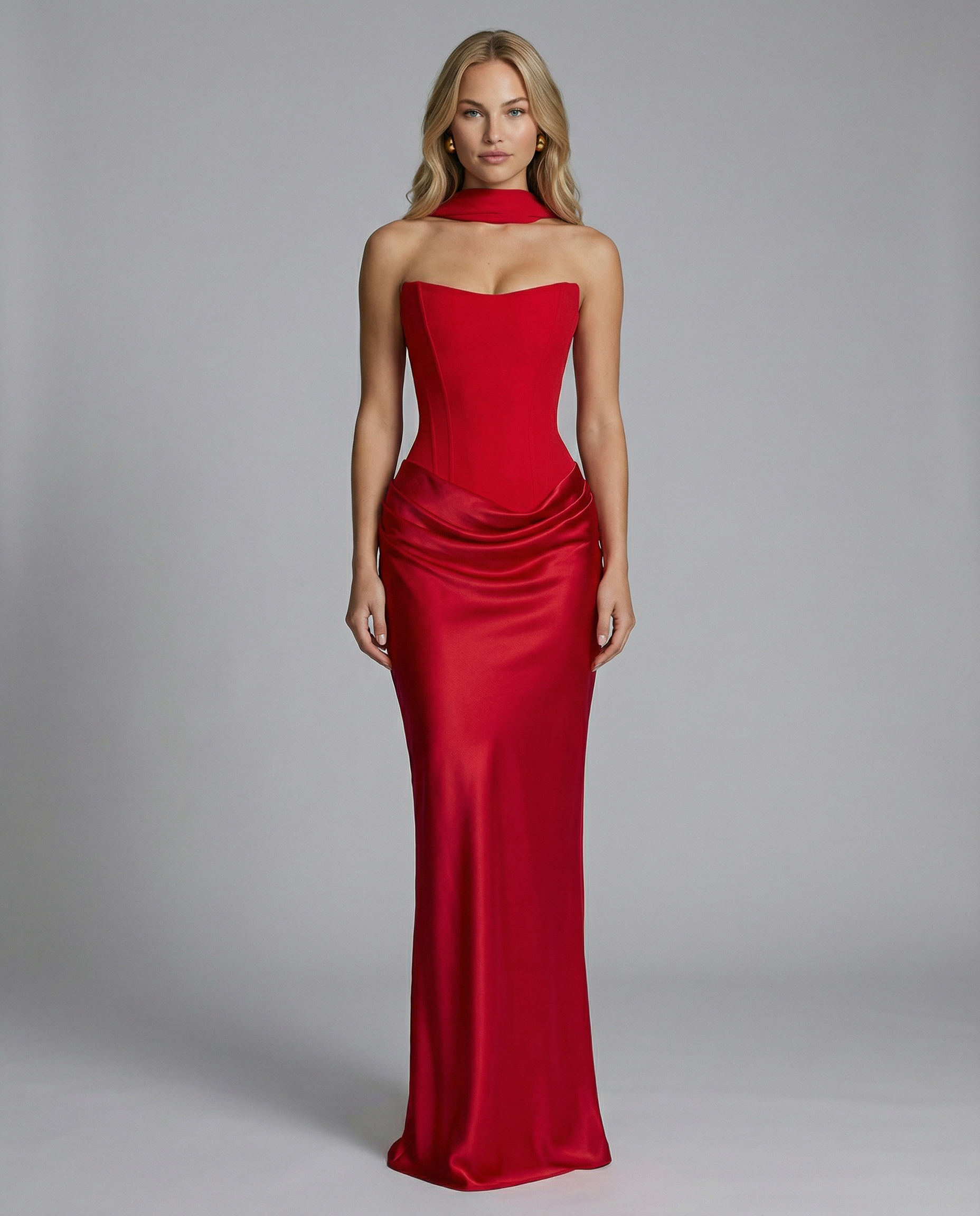 Women's maxi dress with strapless corset and draped skirt