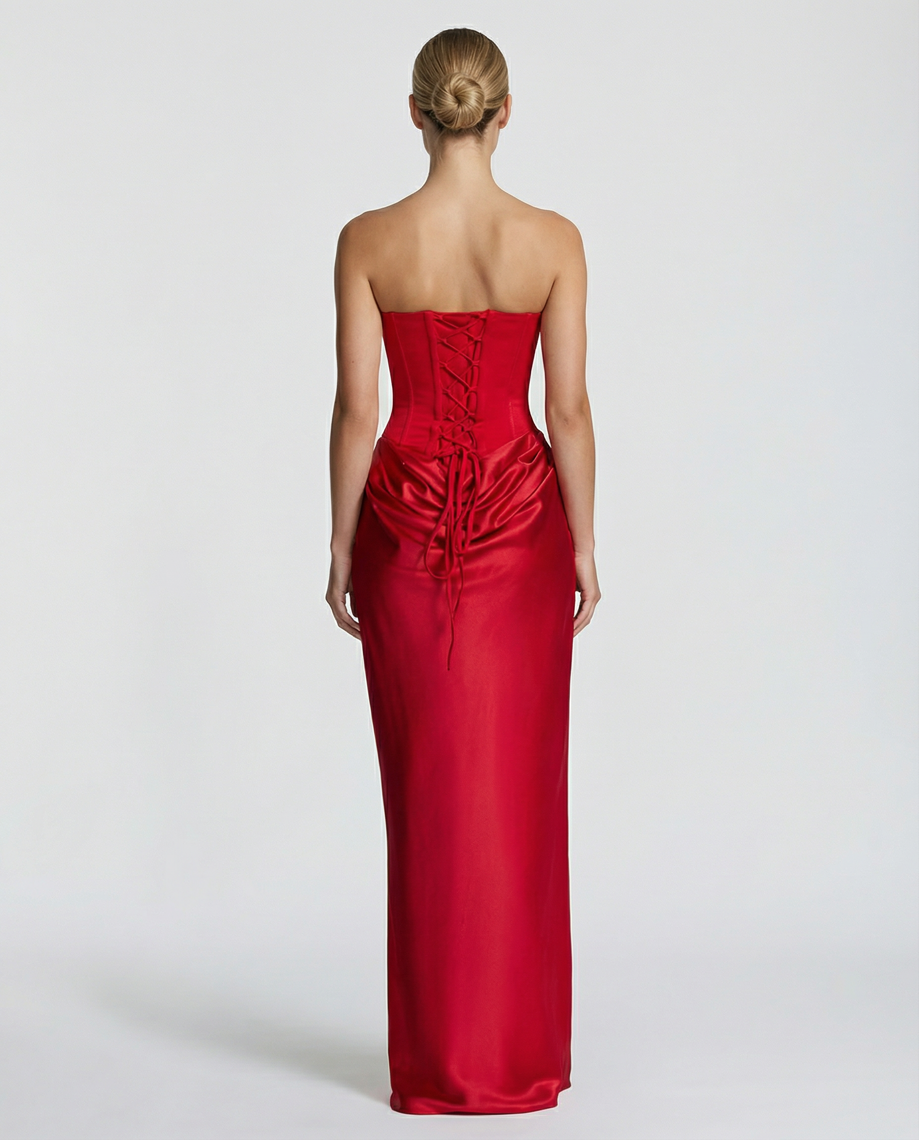 Women's maxi dress with strapless corset and draped skirt
