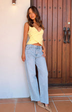 Women's mid-rise wide leg jeans with raw hem
