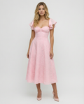 Women's midi dress with floral jacquard pattern and butterfly sleeves
