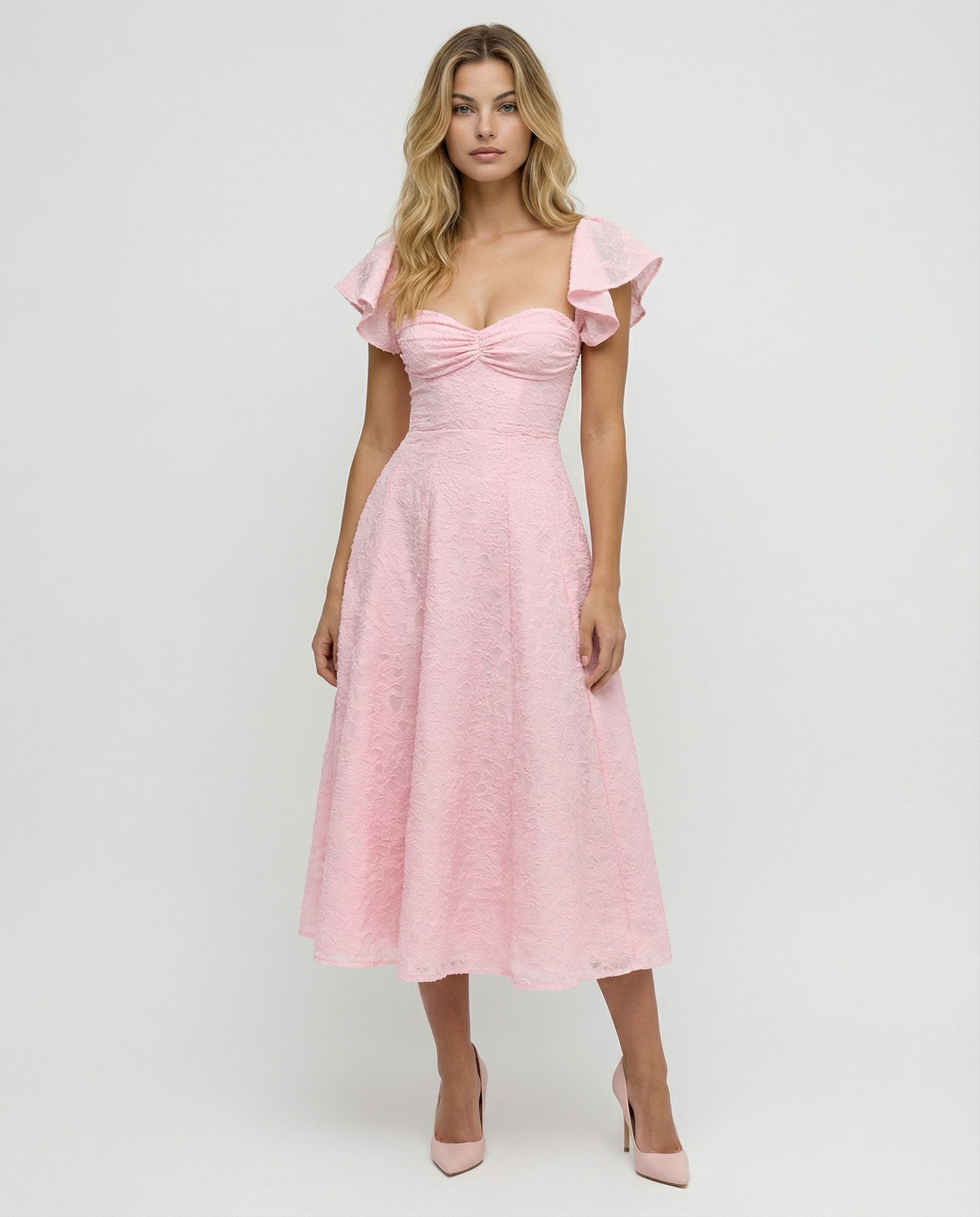Women's midi dress with floral jacquard pattern and butterfly sleeves