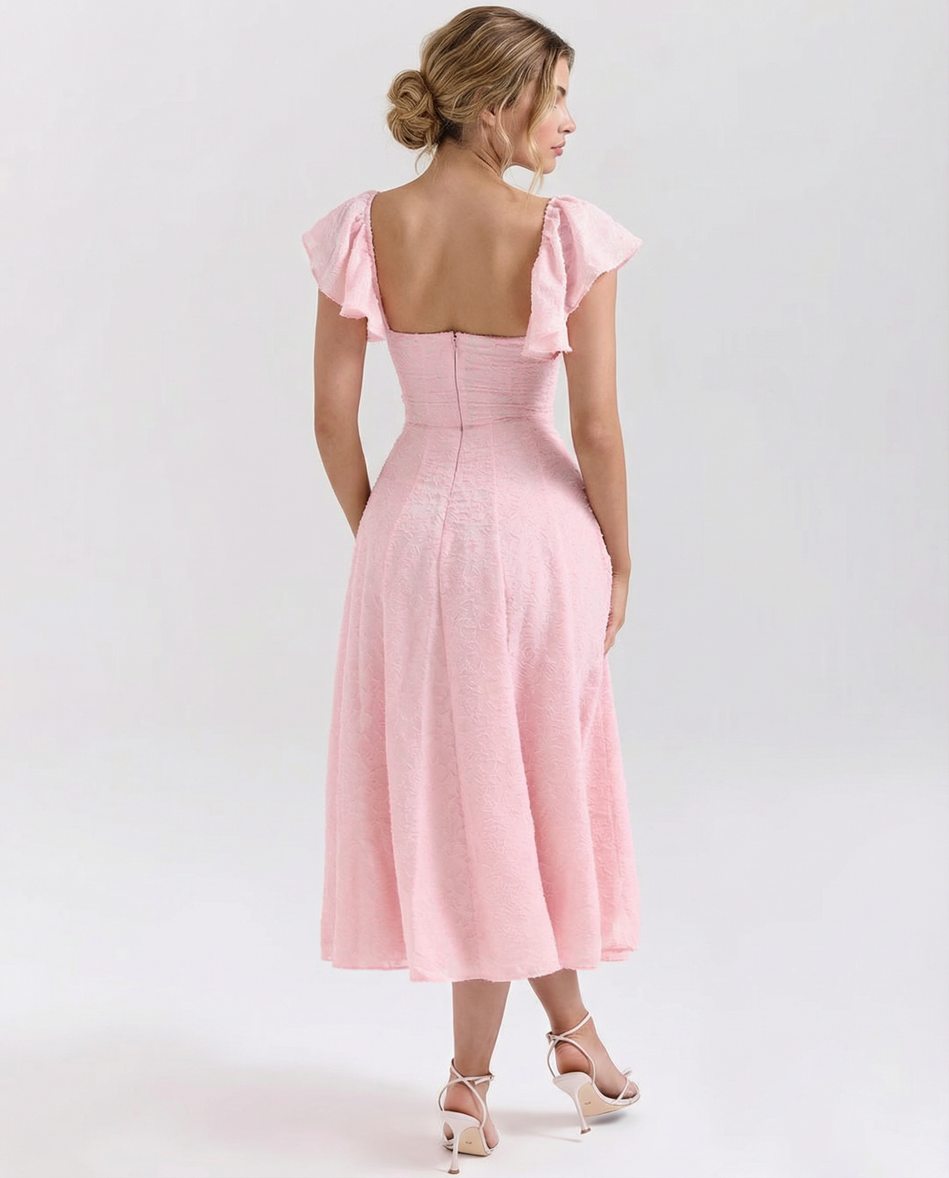 Women's midi dress with floral jacquard pattern and butterfly sleeves