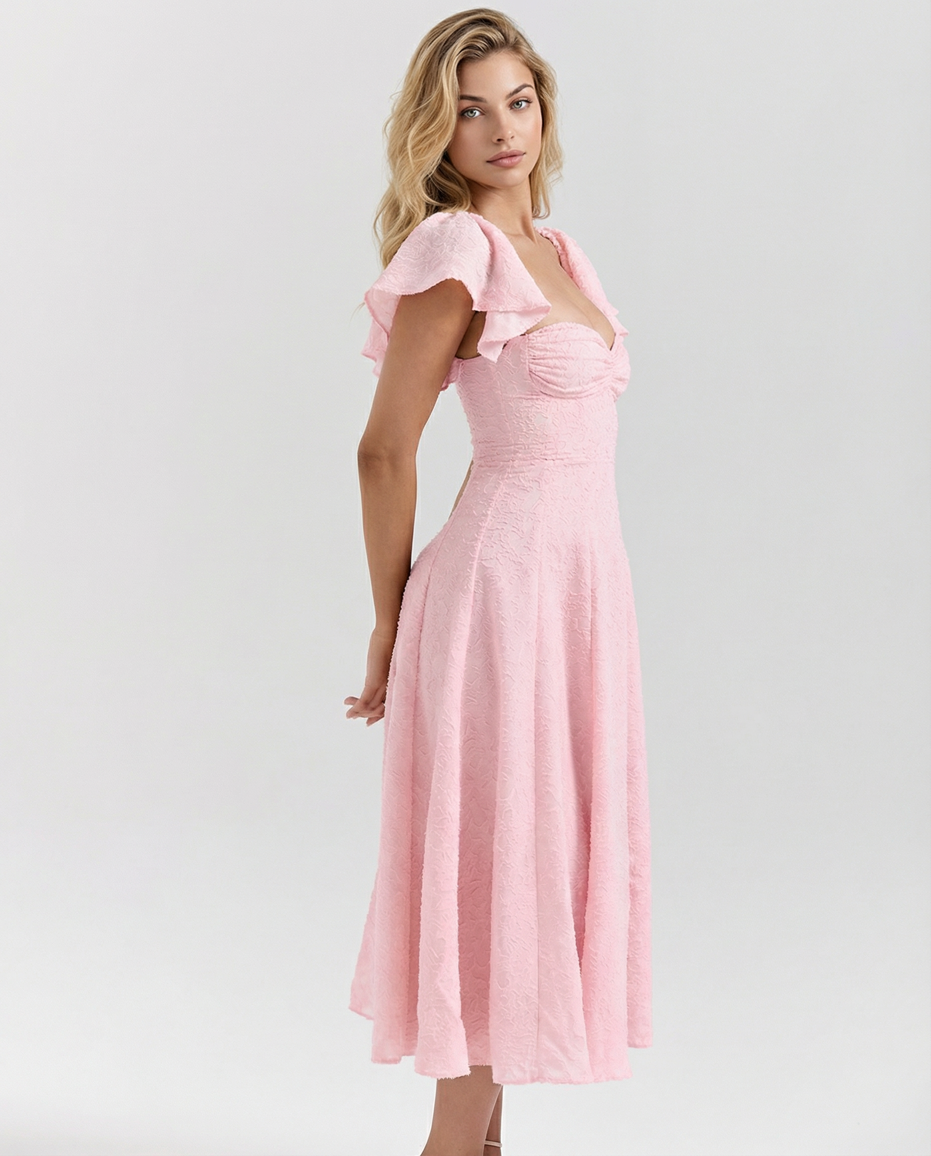 Women's midi dress with floral jacquard pattern and butterfly sleeves