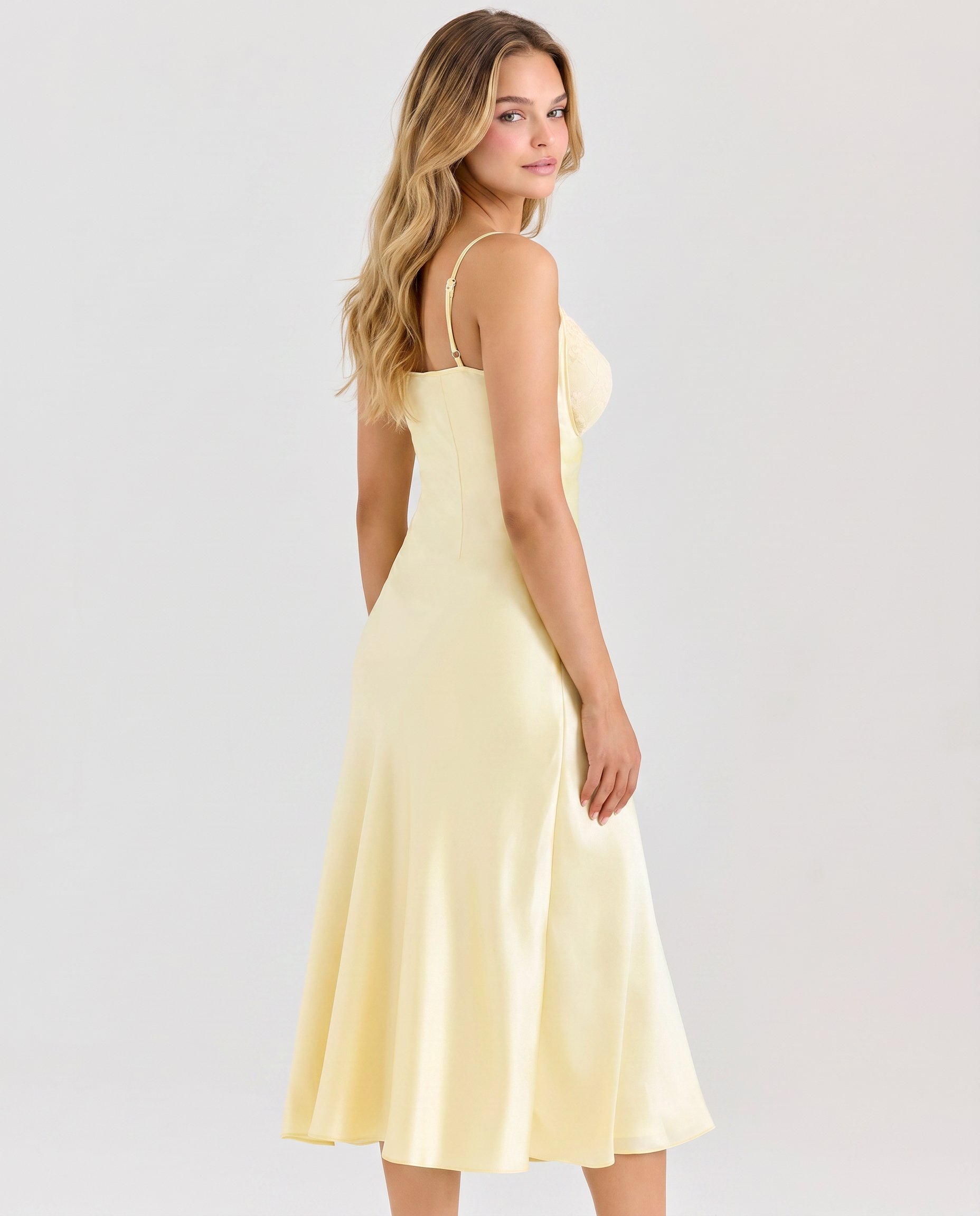 Women's midi dress with lace detail and satin finish