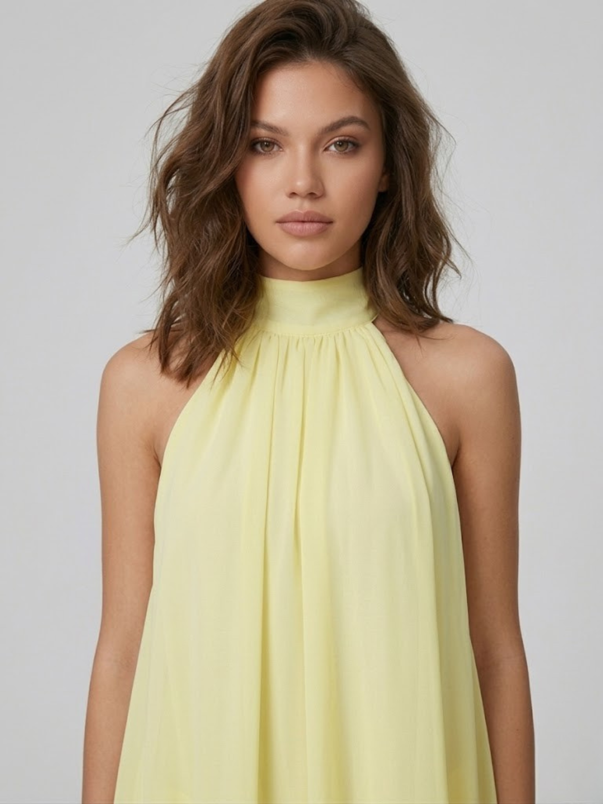 Women's mini dress with halter neck, open back and tiered ruffle hem