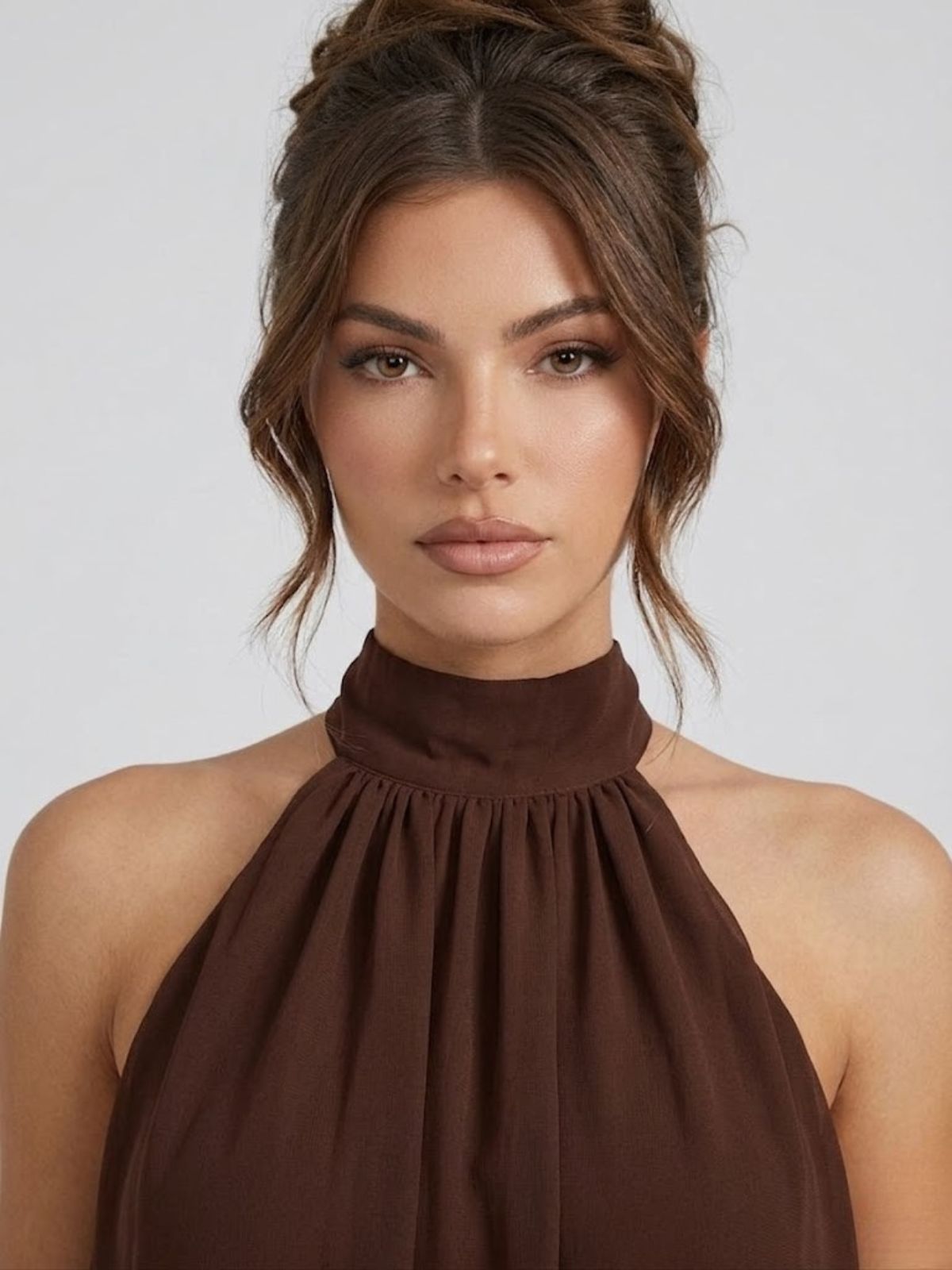 Women's mini dress with halter neck, open back and tiered ruffle hem