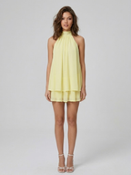 Women's mini dress with halter neck, open back and tiered ruffle hem