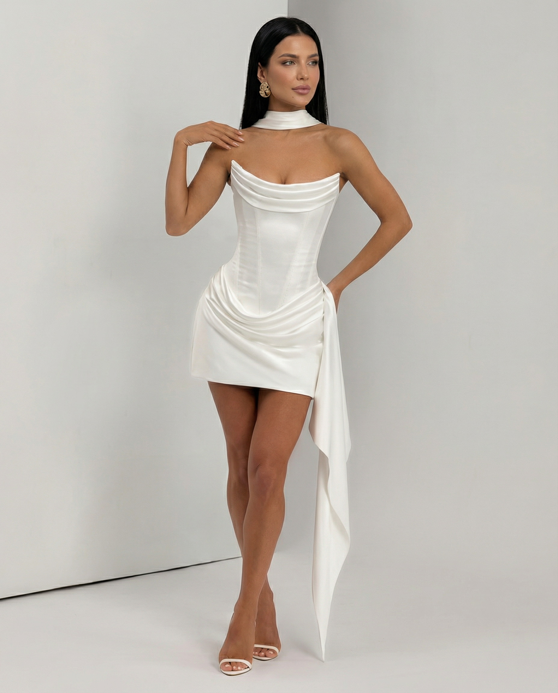 Women's mini dress with lace corset and draped skirt