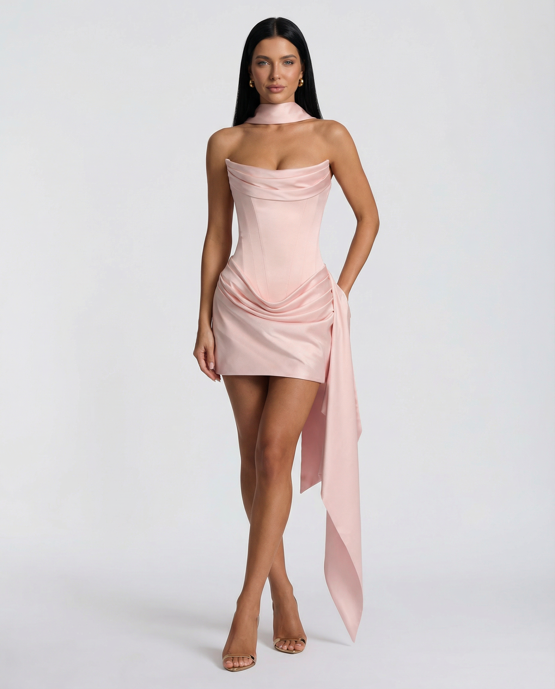 Women's mini dress with lace corset and draped skirt