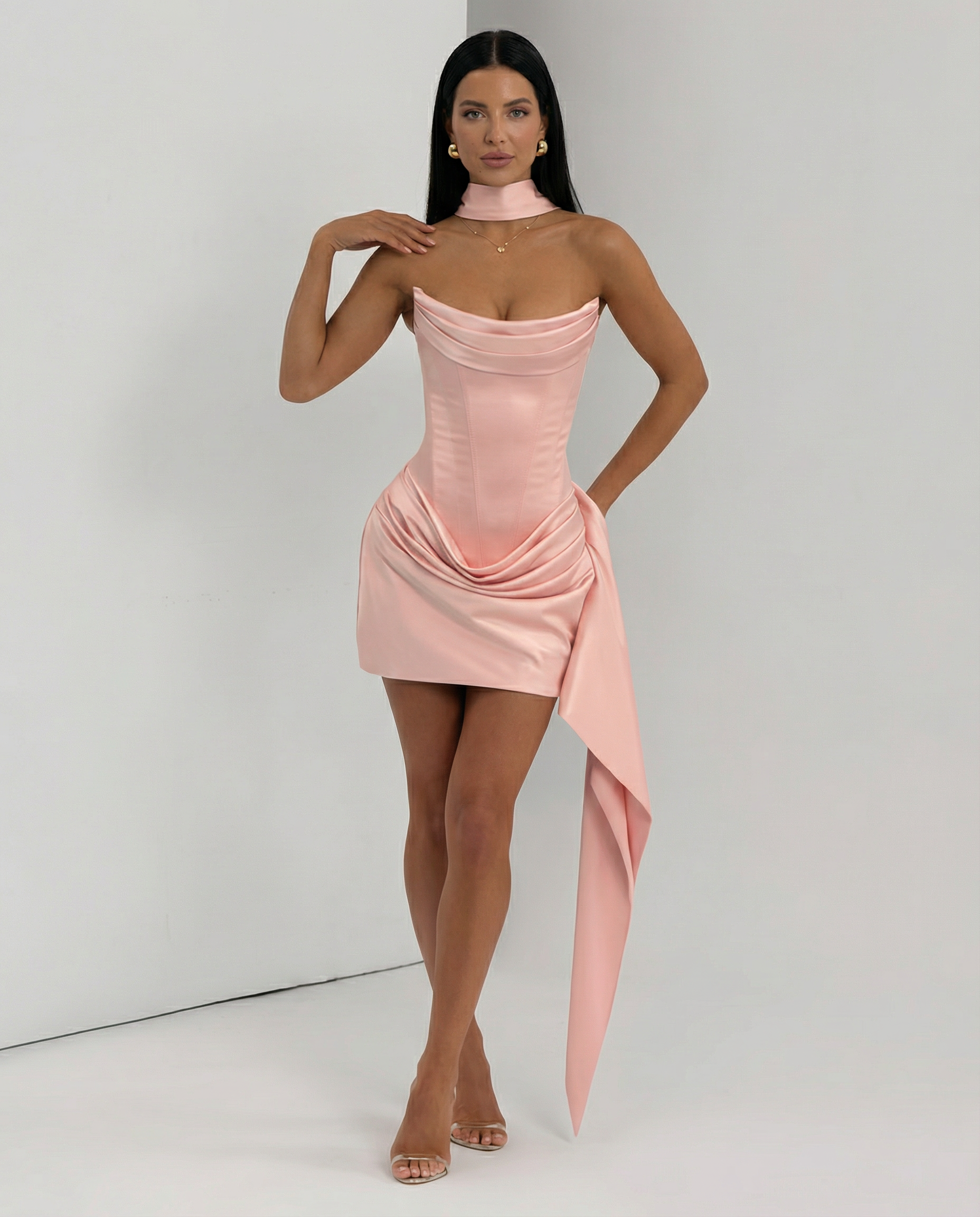 Women's mini dress with lace corset and draped skirt