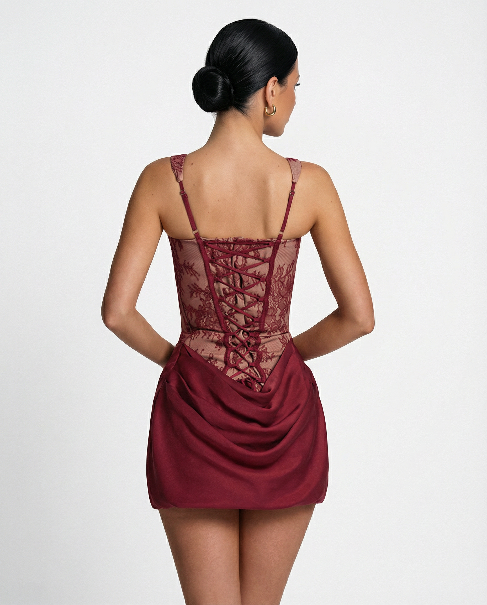 Women's mini dress with lace corset bodice and draped skirt