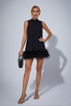 Women's feather trim mini cocktail dress
