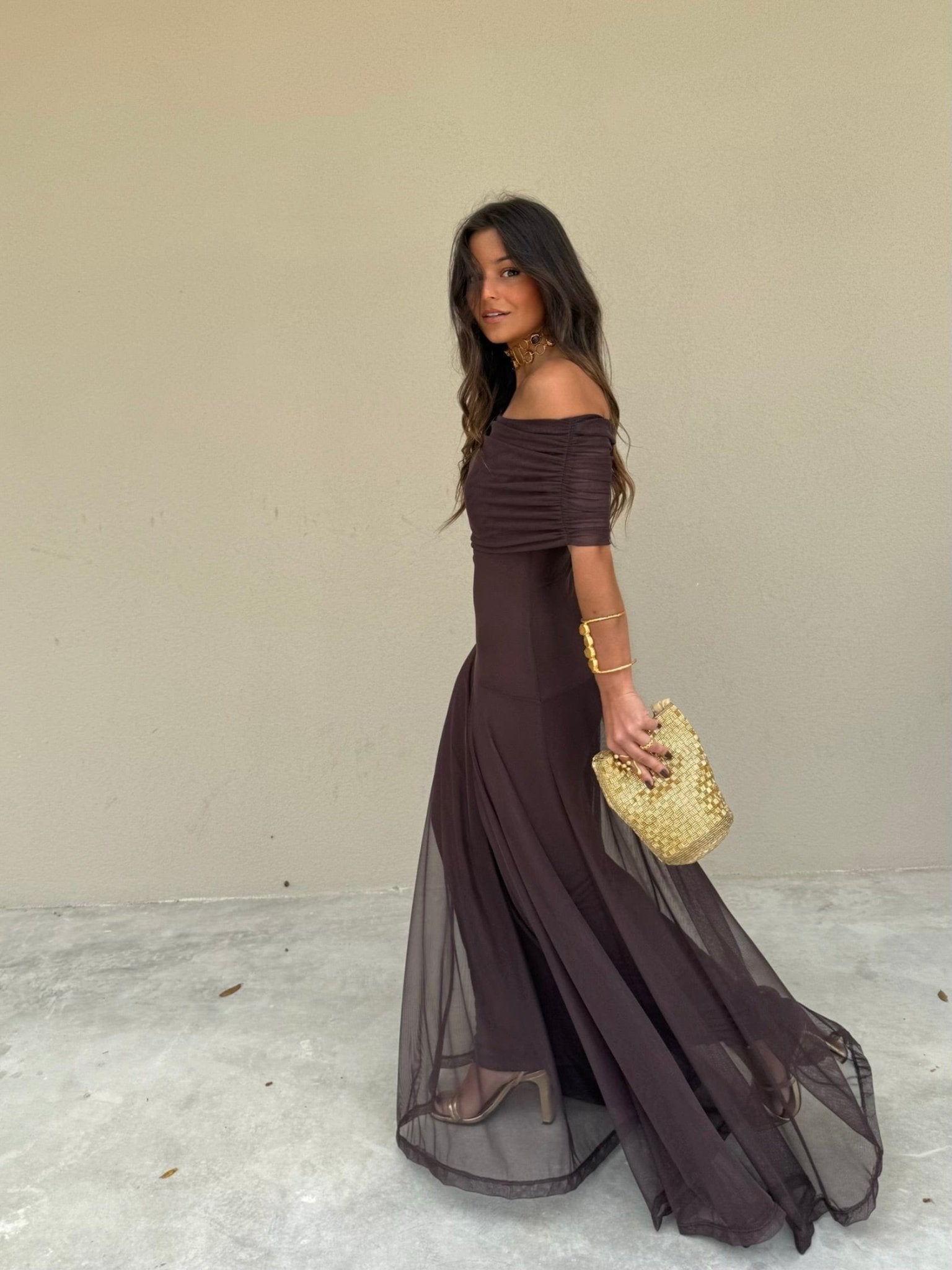 Women's off-shoulder ruched mesh maxi formal dress