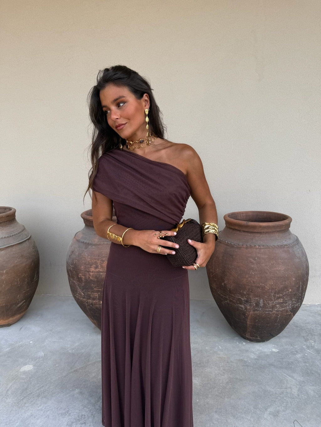 Women's off-shoulder ruched mesh maxi formal dress