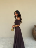 Women's off-shoulder ruched mesh maxi formal dress
