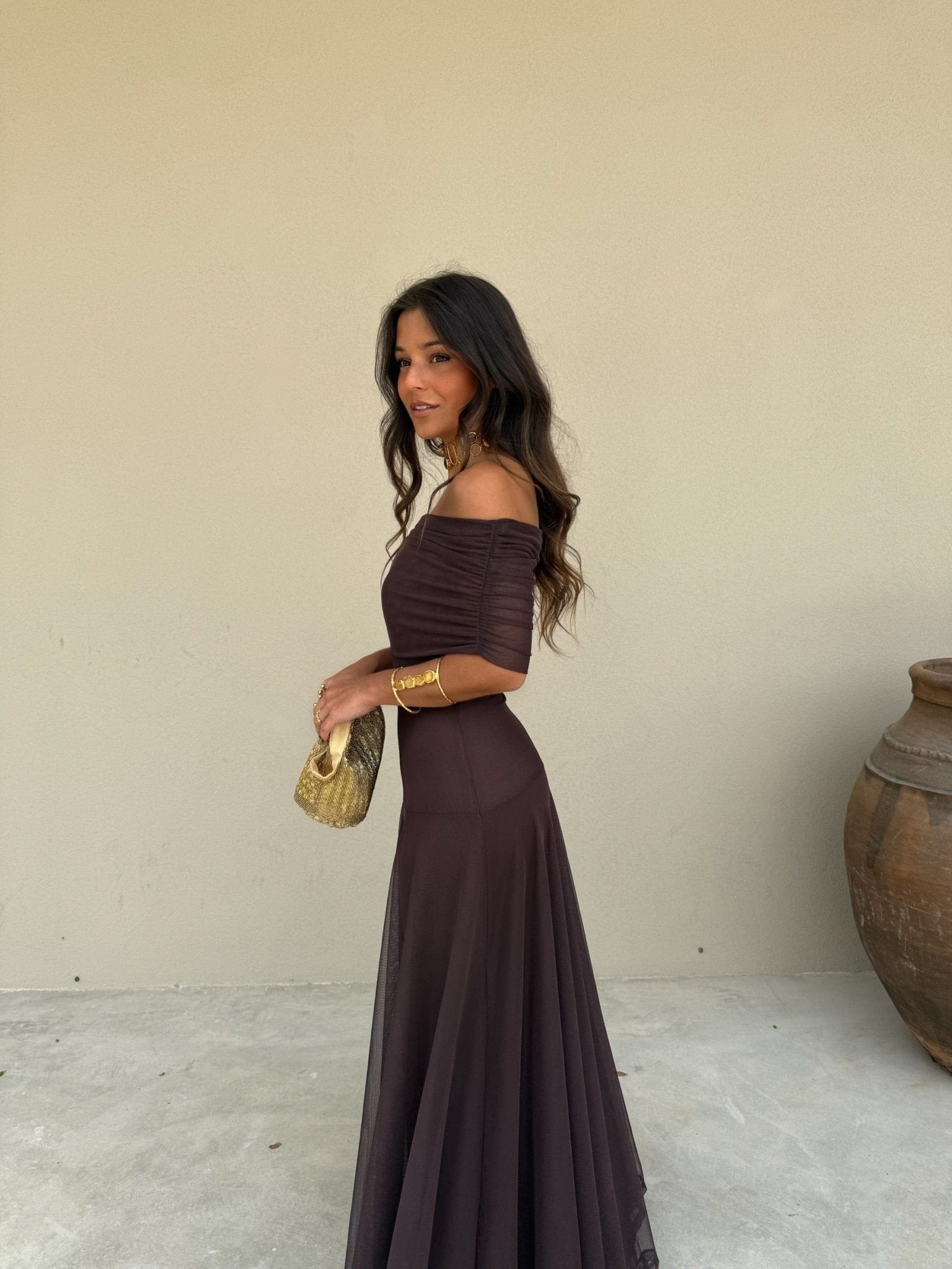 Women's off-shoulder ruched mesh maxi formal dress
