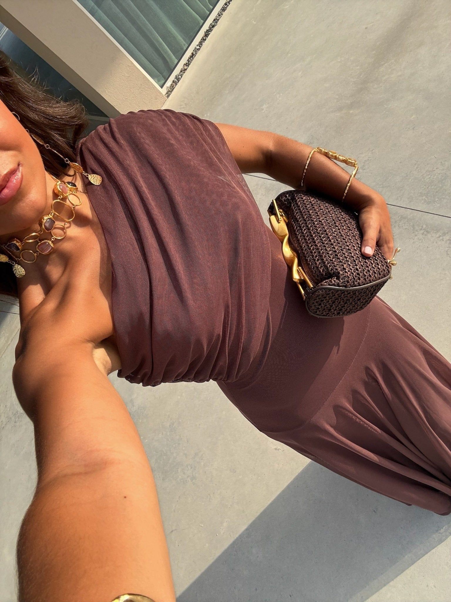 Women's off-shoulder ruched mesh maxi formal dress