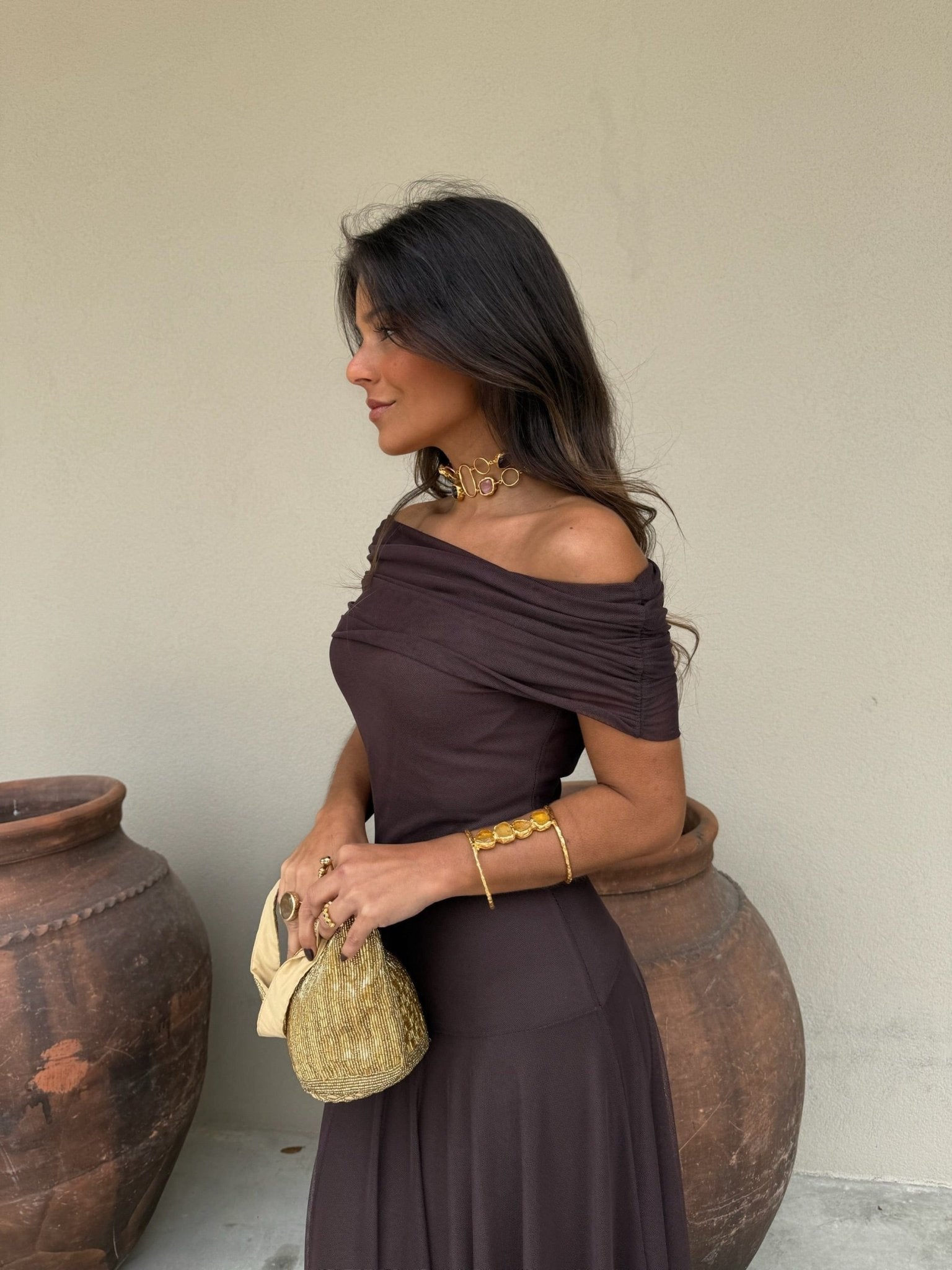 Women's off-shoulder ruched mesh maxi formal dress