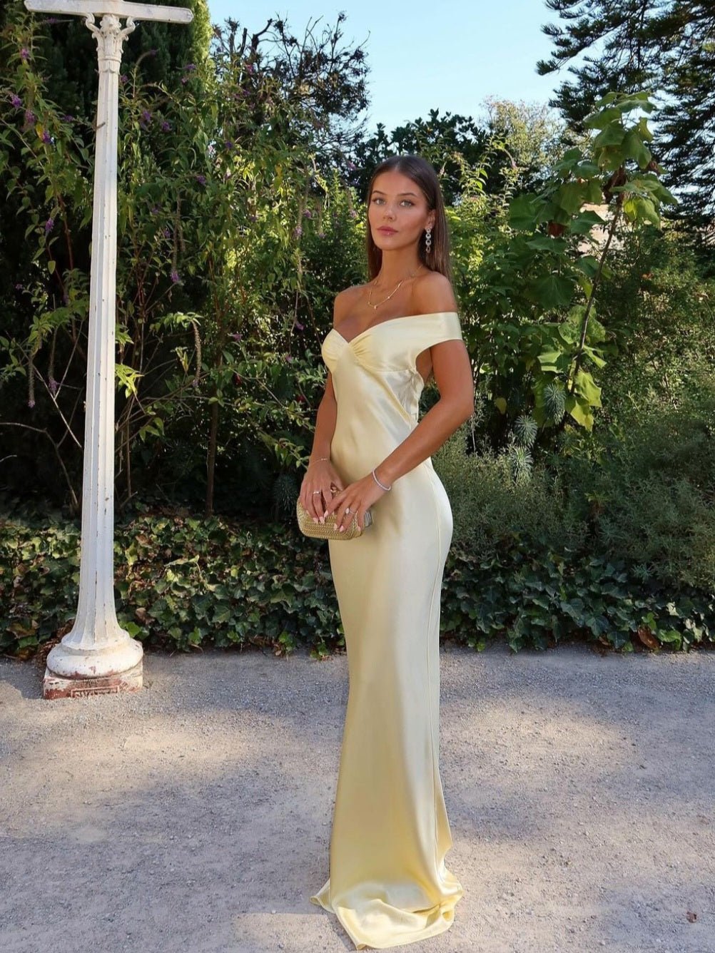 Women's off-shoulder satin maxi wedding guest dress