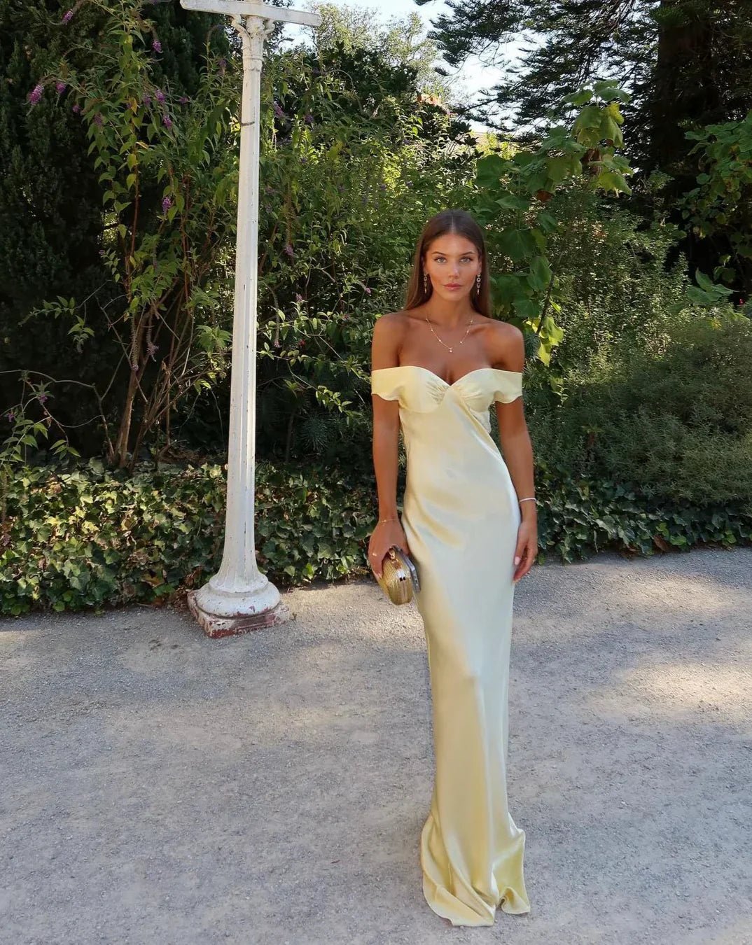 Women's off-shoulder satin maxi wedding guest dress