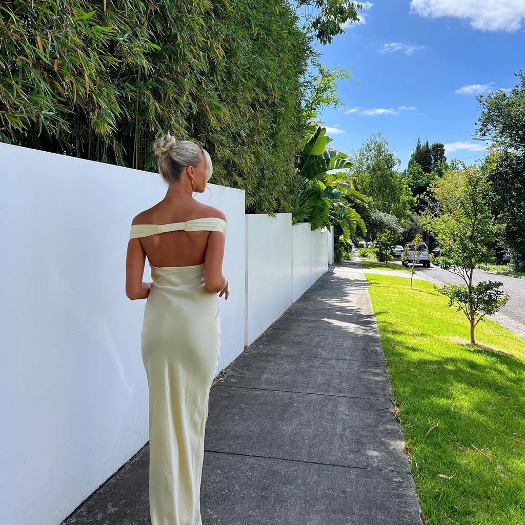 Women's off-shoulder satin maxi wedding guest dress