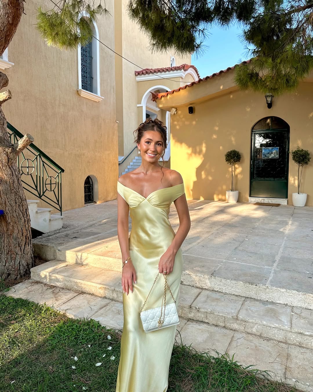 Women's off-shoulder satin maxi wedding guest dress