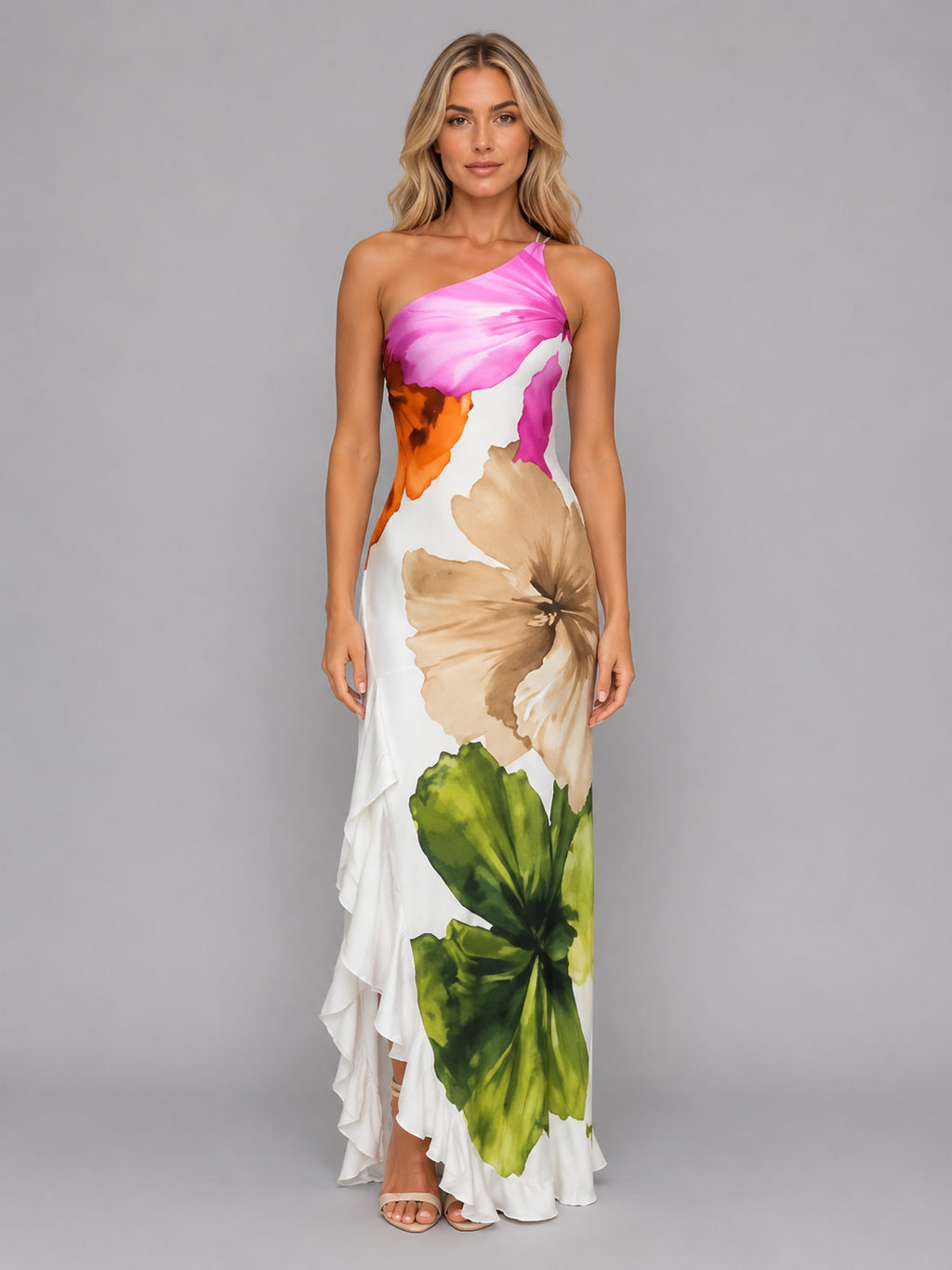 Women's one-shoulder floral maxi wedding guest dress