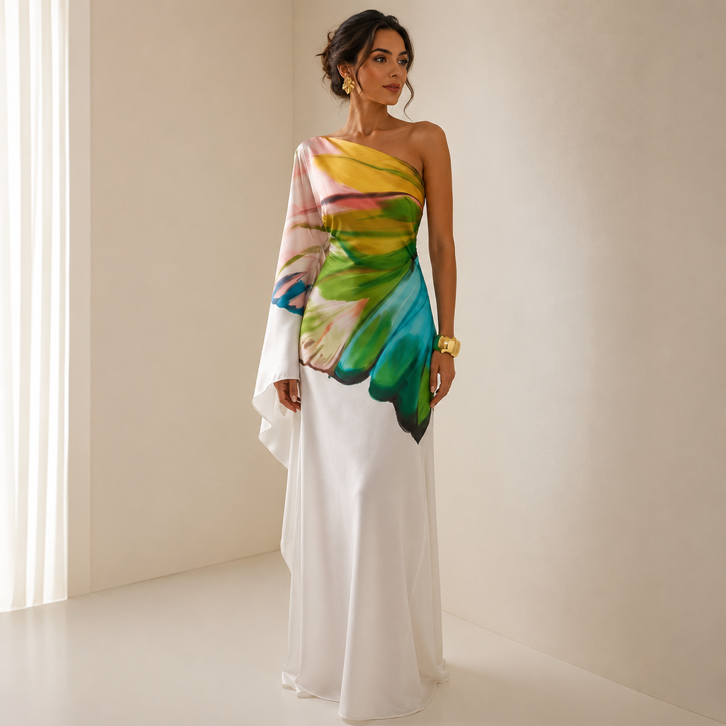 Women's one-shoulder printed maxi wedding guest dress