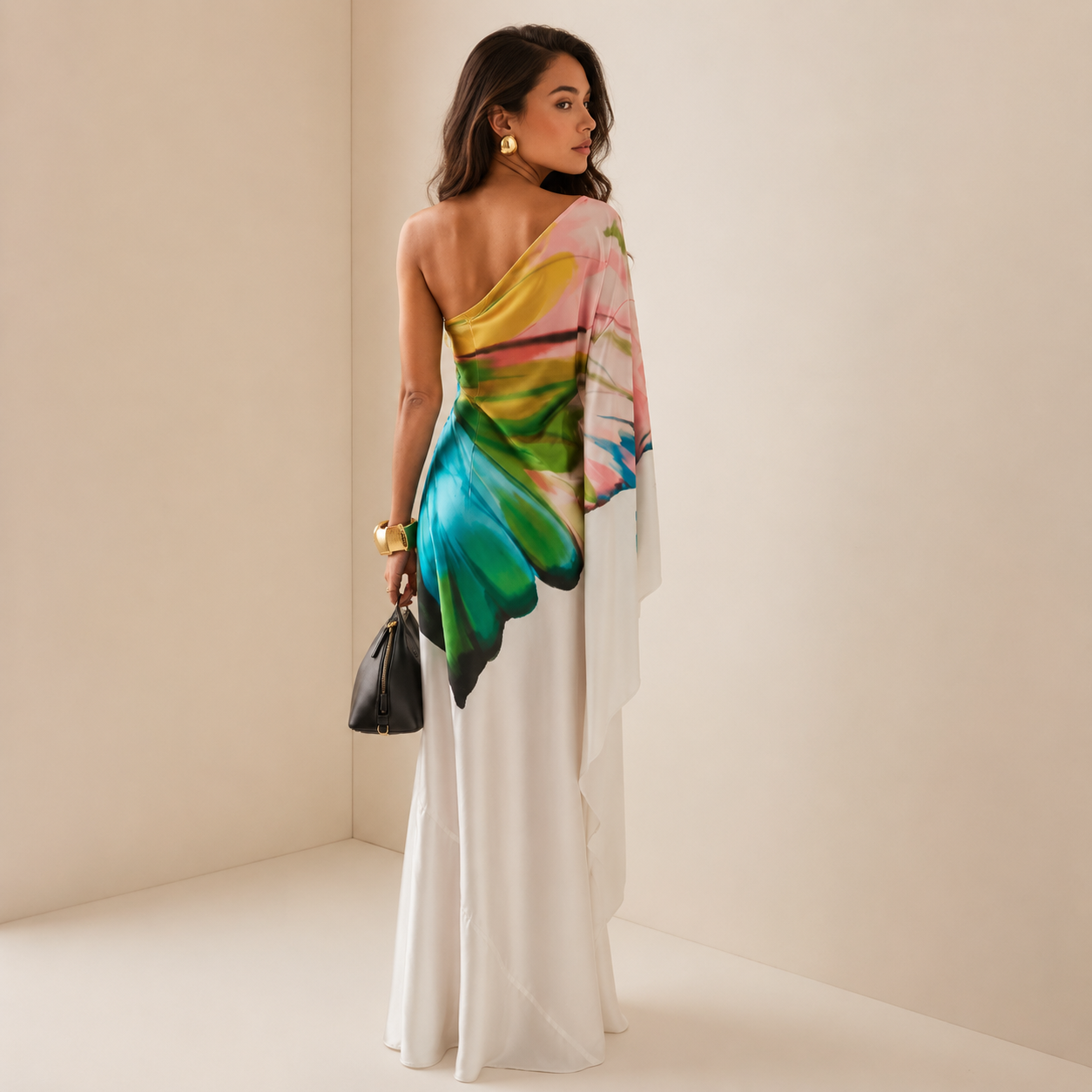 Women's one-shoulder printed maxi wedding guest dress