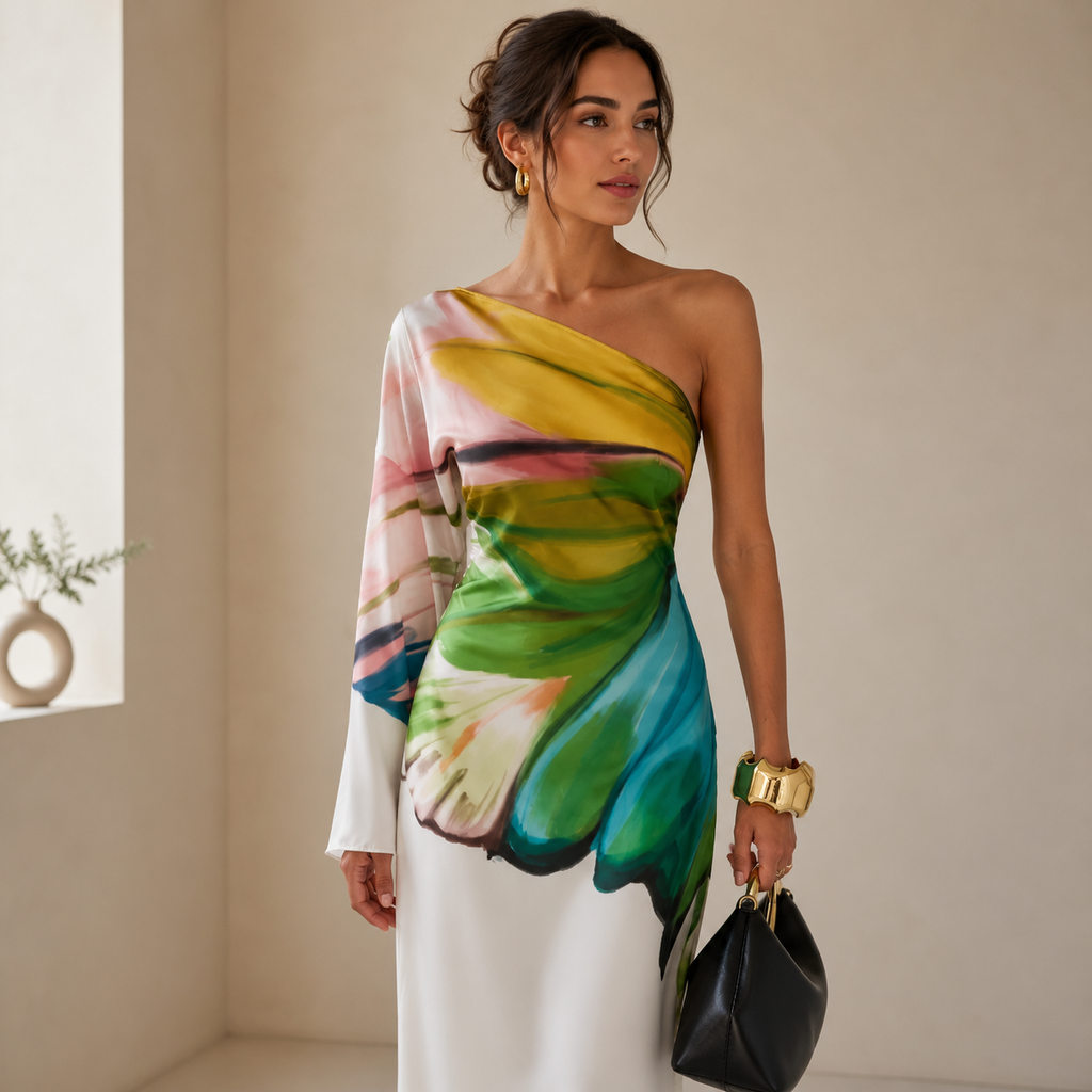 Women's one-shoulder printed maxi wedding guest dress
