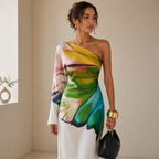 Women's one-shoulder printed maxi wedding guest dress
