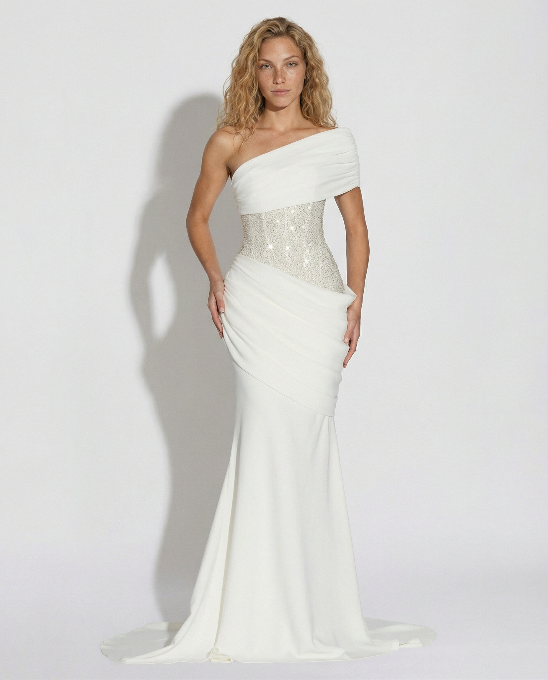 Women's one-shoulder ruched maxi wedding dress