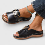 Women's open toe flat sandals with gold hardware detail
