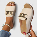 Women's open toe flat sandals with gold hardware detail