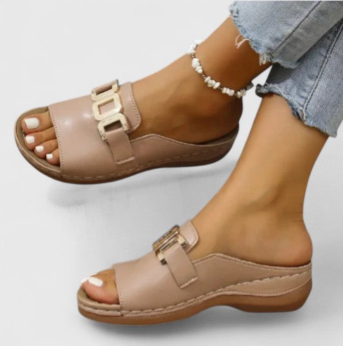 Women's open toe flat sandals with gold hardware detail