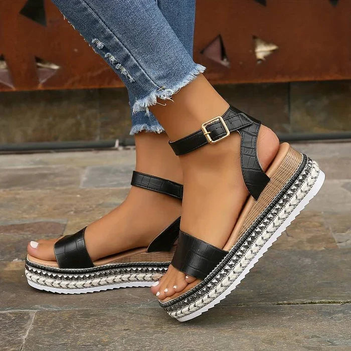 Women's platform sandals with woven espadrille sole