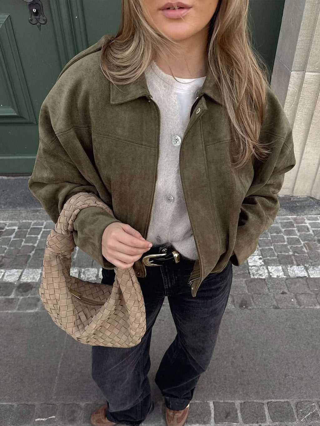 Women's oversized collared bomber jacket with zip front
