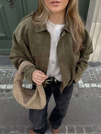 Women's oversized collared bomber jacket with zip front