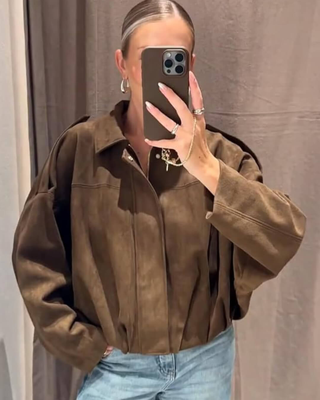 Women's oversized collared bomber jacket with zip front
