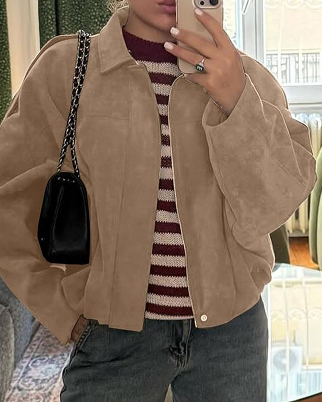 Women's oversized collared bomber jacket with zip front