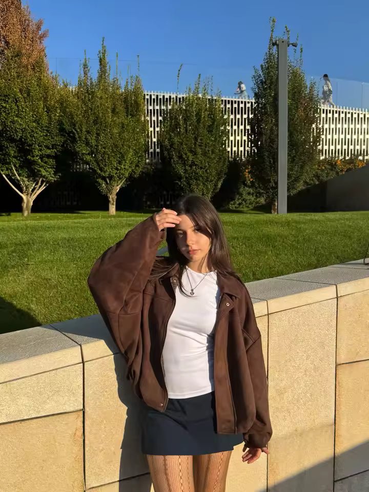 Women's oversized collared bomber jacket with zip front