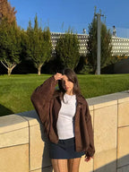 Women's oversized collared bomber jacket with zip front