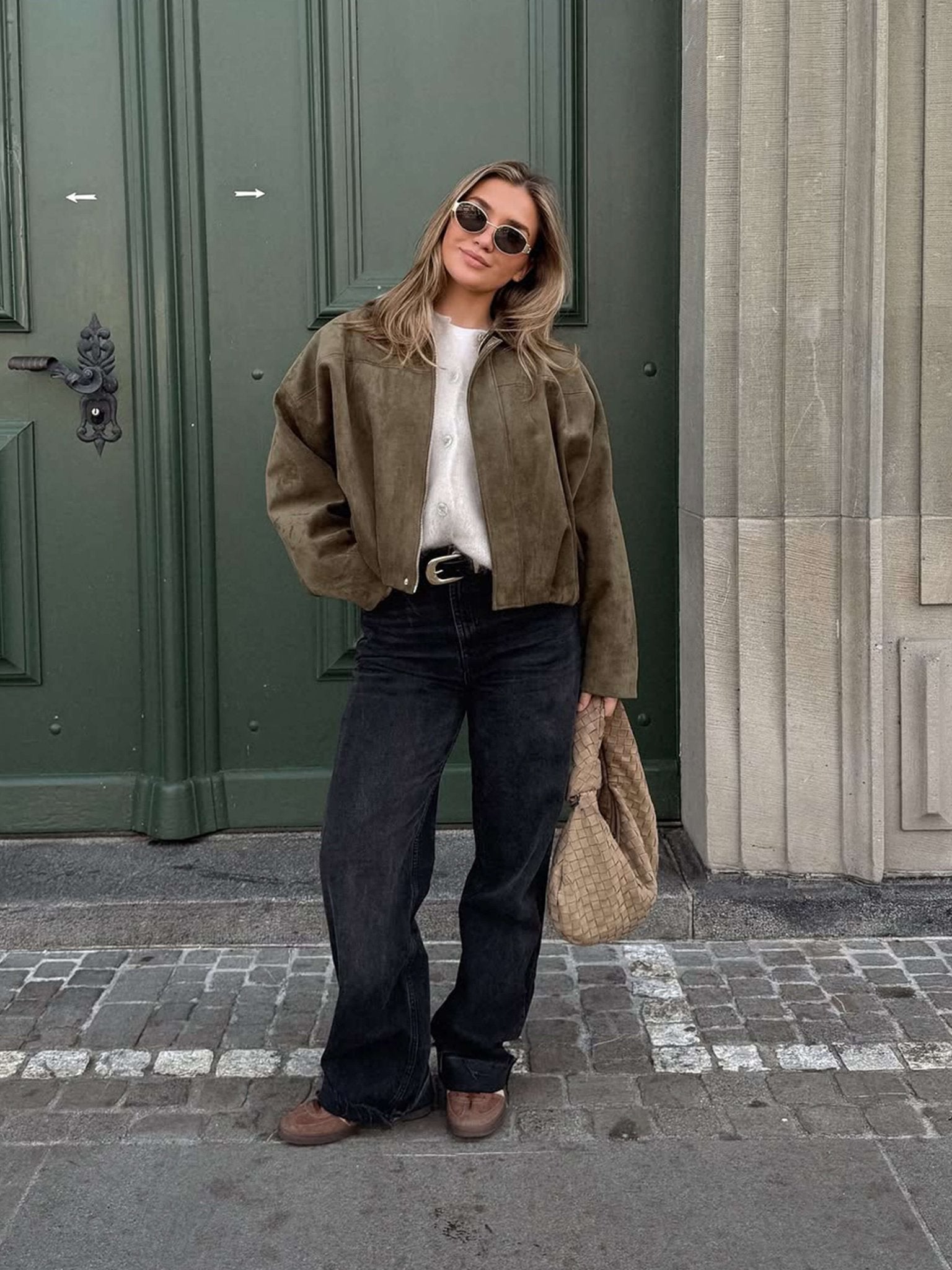 Women's oversized collared bomber jacket with zip front