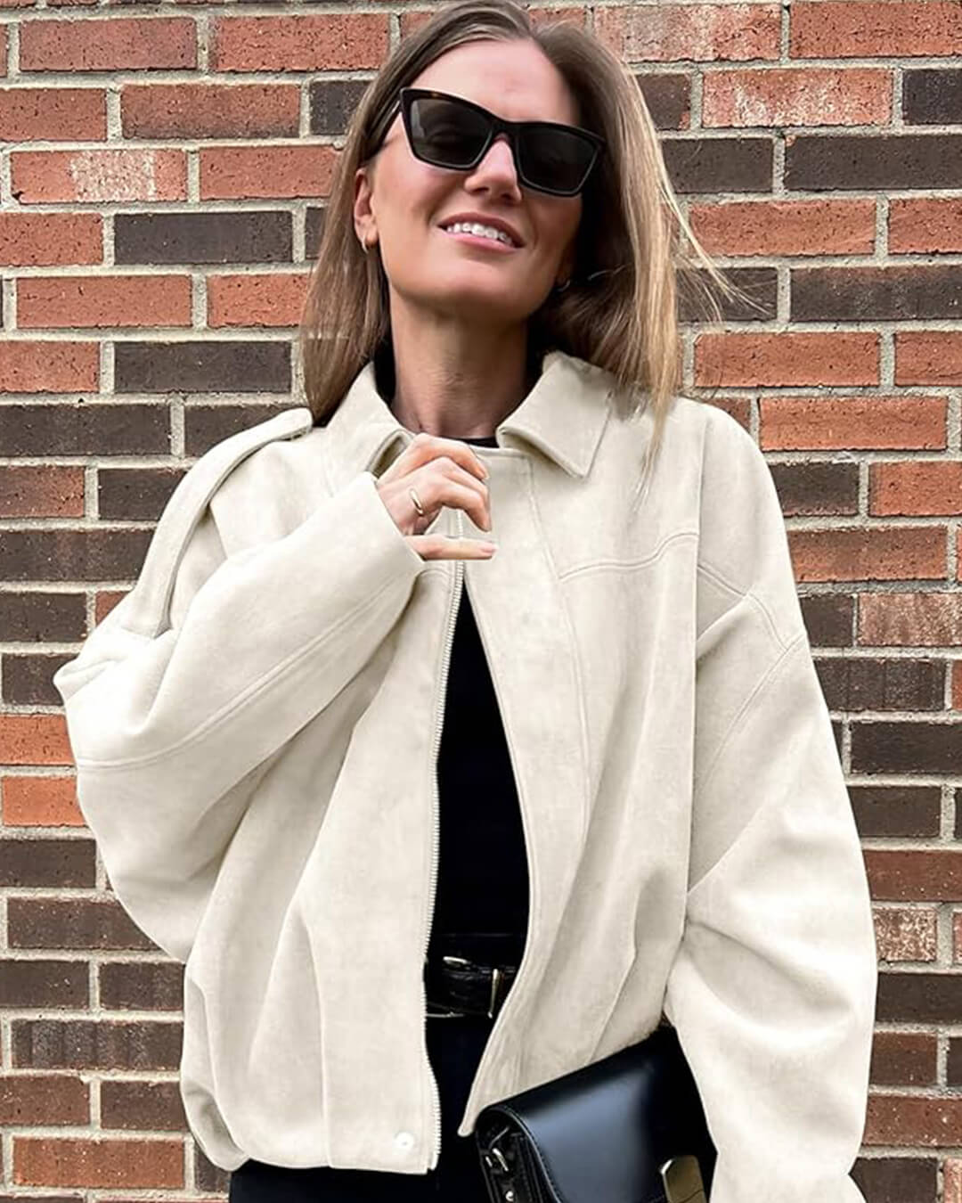 Women's oversized collared bomber jacket with zip front