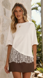 Women's oversized lace hem crop top